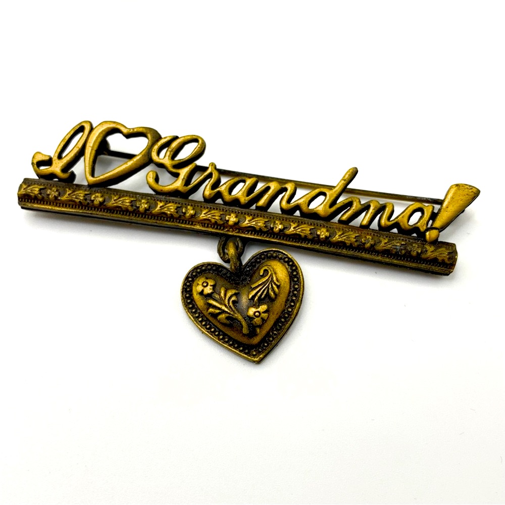 Jonette Jj I Love Grandma Antiqued Brass Bar Heart Charm Dangle Pin Brooch 13$